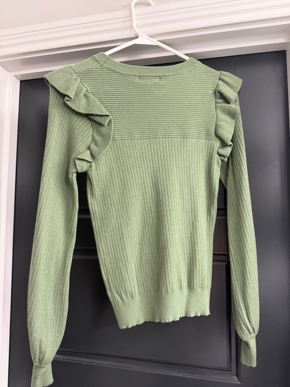 &merci Ribbed Ruffle-Shoulder Long Sleeve Top - Sage Green - Picture 3 of 3